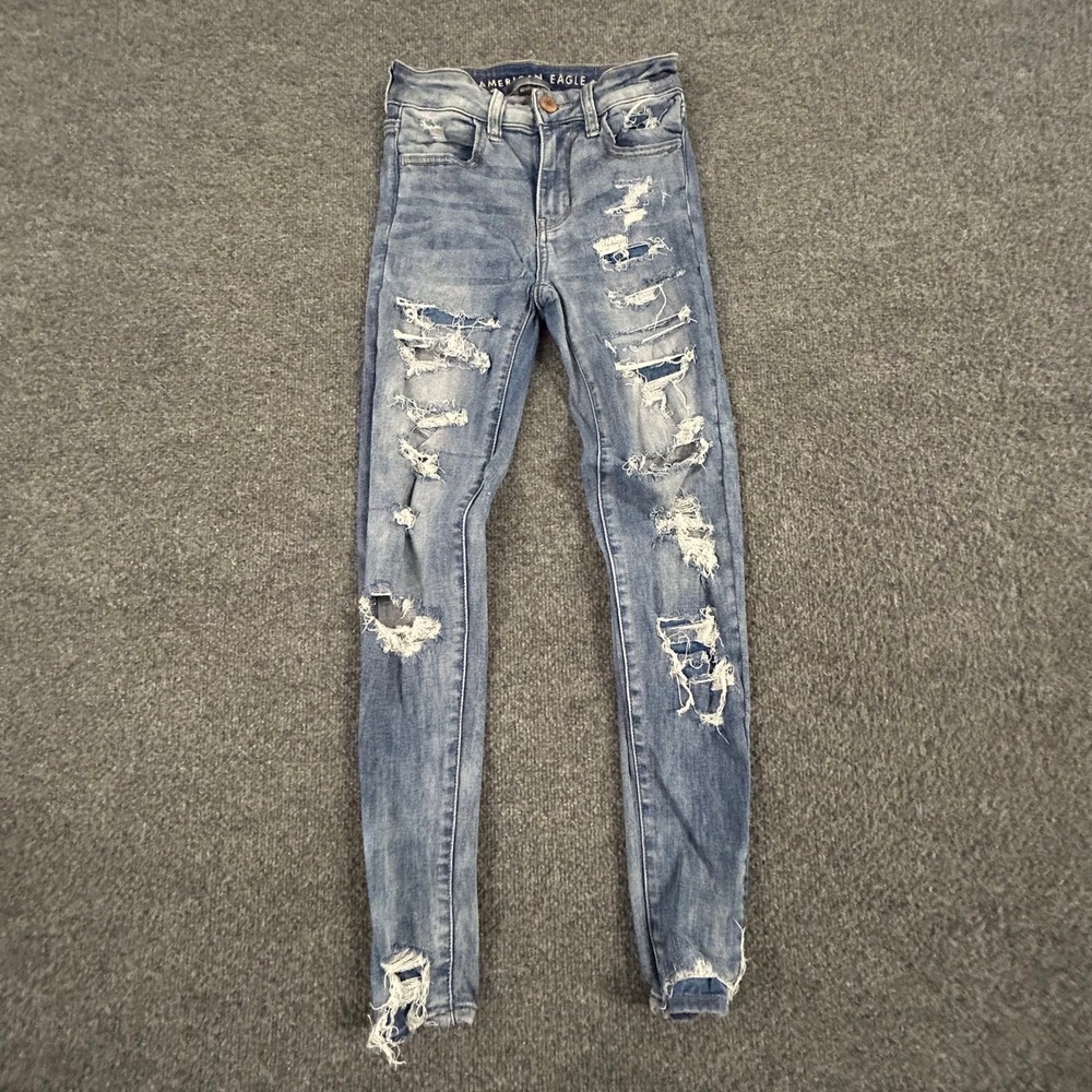 American Eagle Jeans Womens Size 00 Short Blue Distressed Skinny Stretch Frayed
